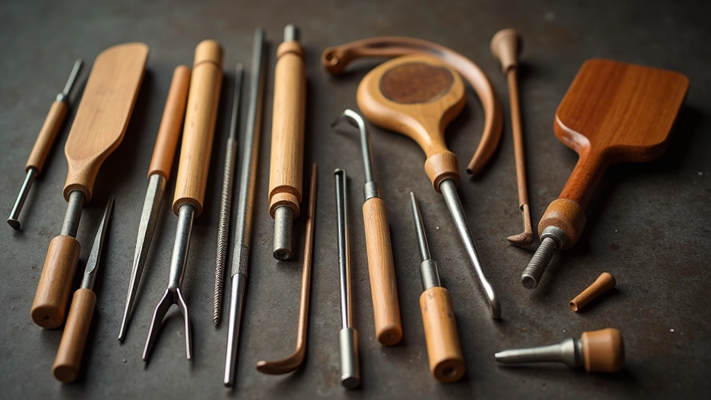 Variety of glassblowing tools including jacks, paddles, tweezers, and pontil rods arranged on work surface