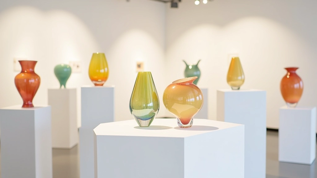 Vibrant contemporary glass sculptures displayed on white pedestals in gallery space