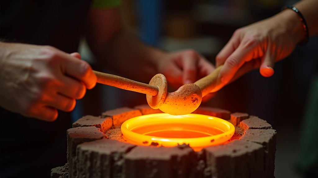 Close-up of glassblower's hands using wooden paddle tools on molten glass sphere