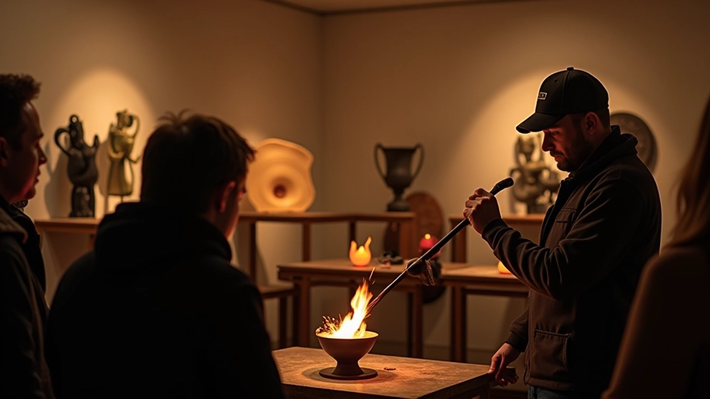 Glassblower demonstrating live technique to visitors