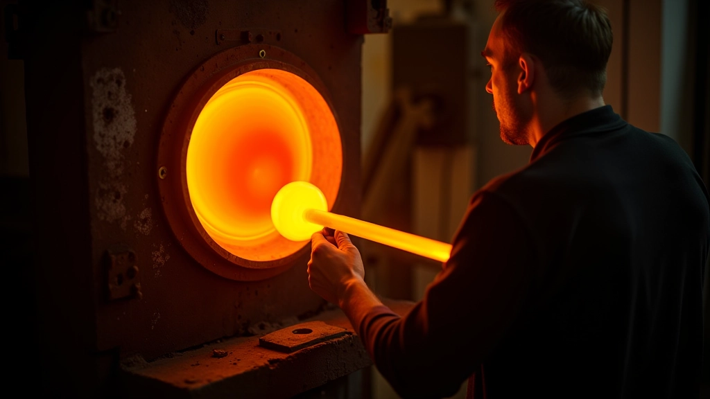 Glassmaker observing color changes in furnace showing temperature variations from yellow to white heat