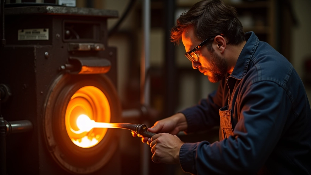 Master glassmaker shaping molten glass at furnace with specialized tools