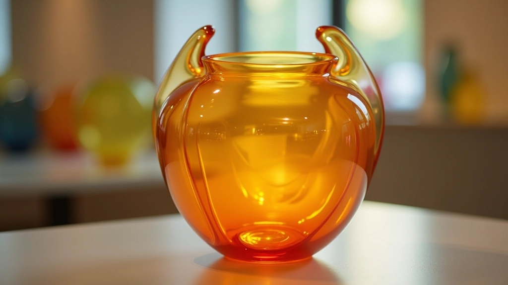 Close-up of artisan hand-crafted glass vase with intricate layered color patterns and texture details