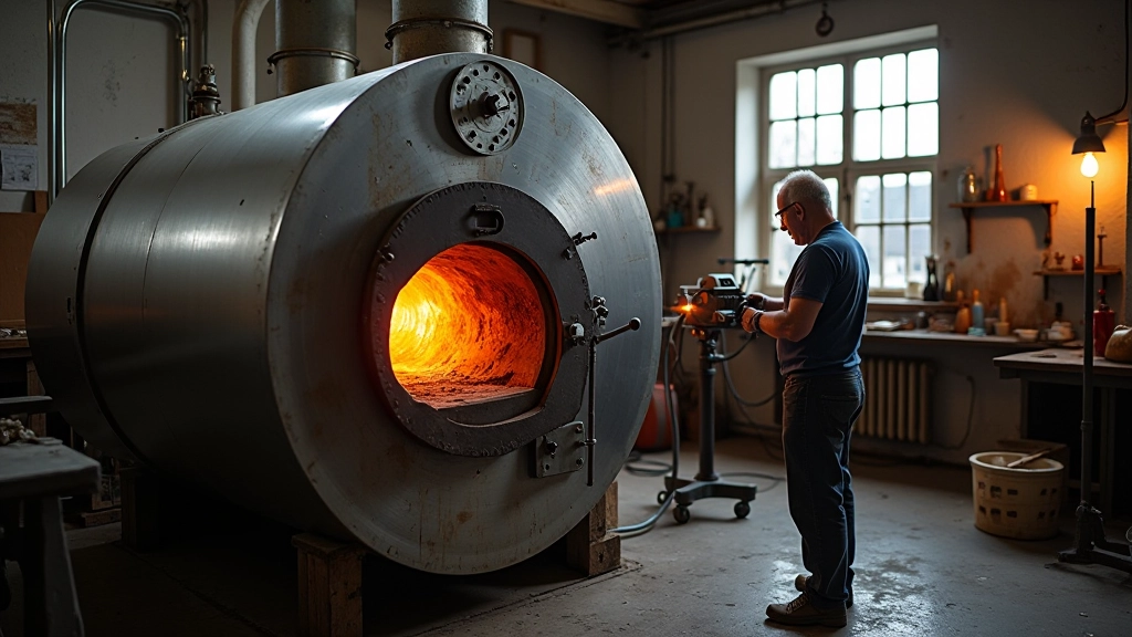 Industrial annealing oven with glass pieces visible through observation window glowing with residual heat