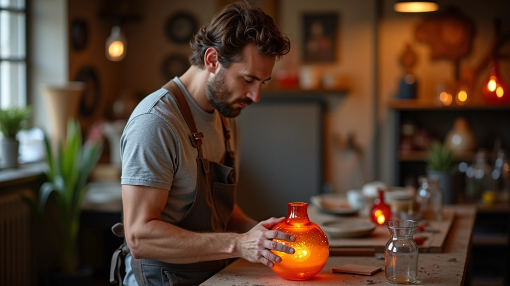 Glassmaker at work in studio, creating artistic glass sculpture with traditional techniques