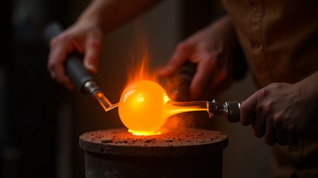 Molten glass being shaped by glassblower at furnace