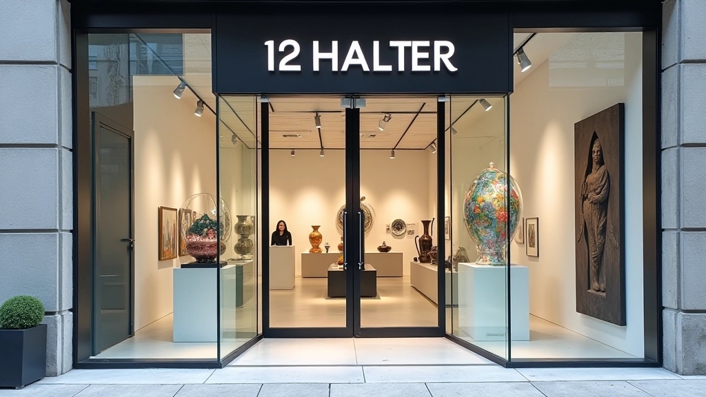 Welcoming gallery entrance with glass doors and contemporary signage, interior displaying vibrant glass art installations