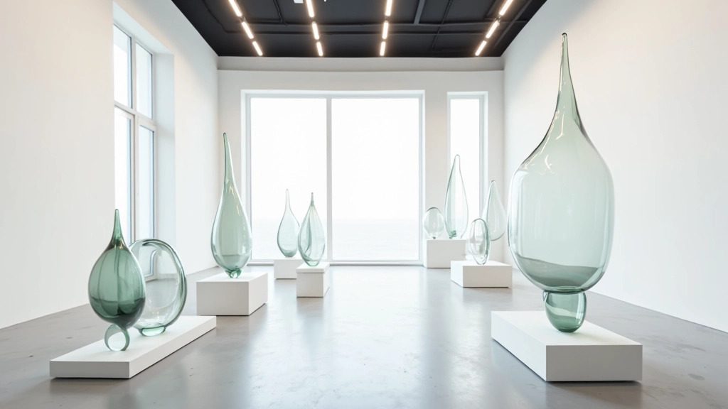 Interior of modern glass art gallery featuring large blown glass sculptures illuminated by natural light