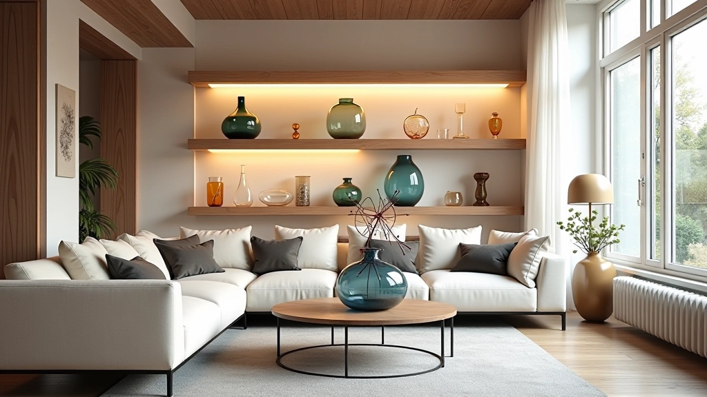 Modern living room interior with carefully arranged decorative glass art pieces on floating shelves and console table