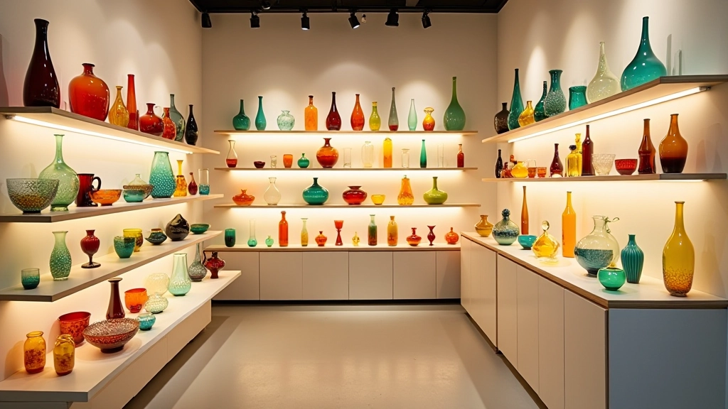 Curated shop display of decorative glass art pieces with varied colors, shapes, and sizes