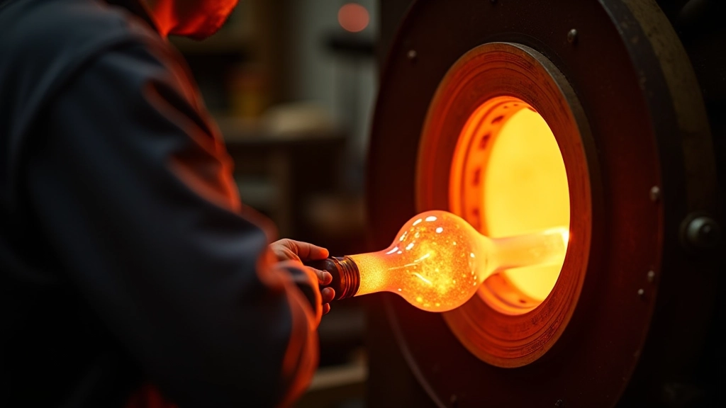 Glassmaker shaping molten glass with traditional tools in active workshop environment