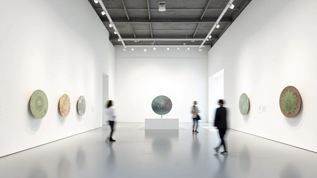 Gallery exhibition featuring large-scale contemporary glass installations with dramatic architectural lighting