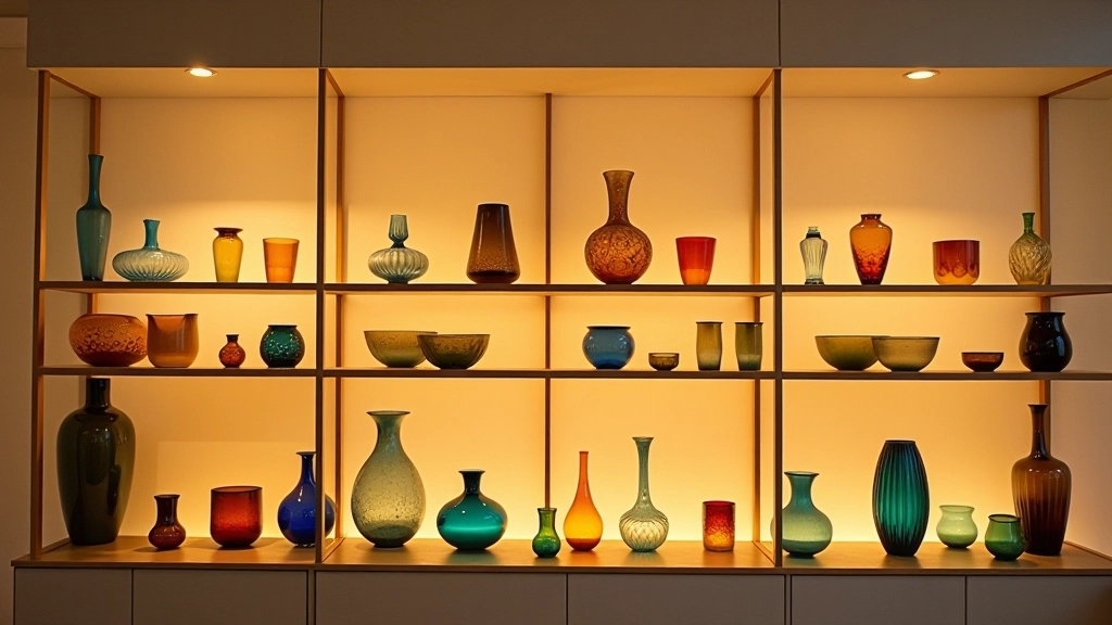 Shelves displaying handcrafted glass vases and decorative pieces