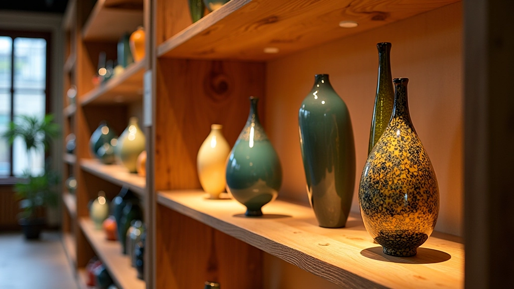 Curated collection of hand-crafted decorative glass pieces on wooden shelving