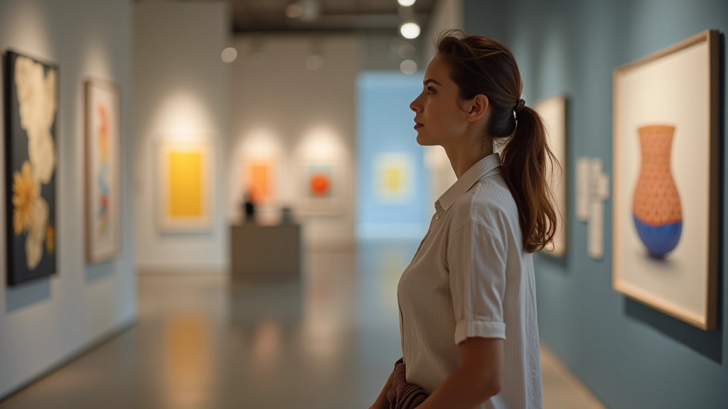Gallery visitor engaged with glass art installation, examining sculptural forms up close